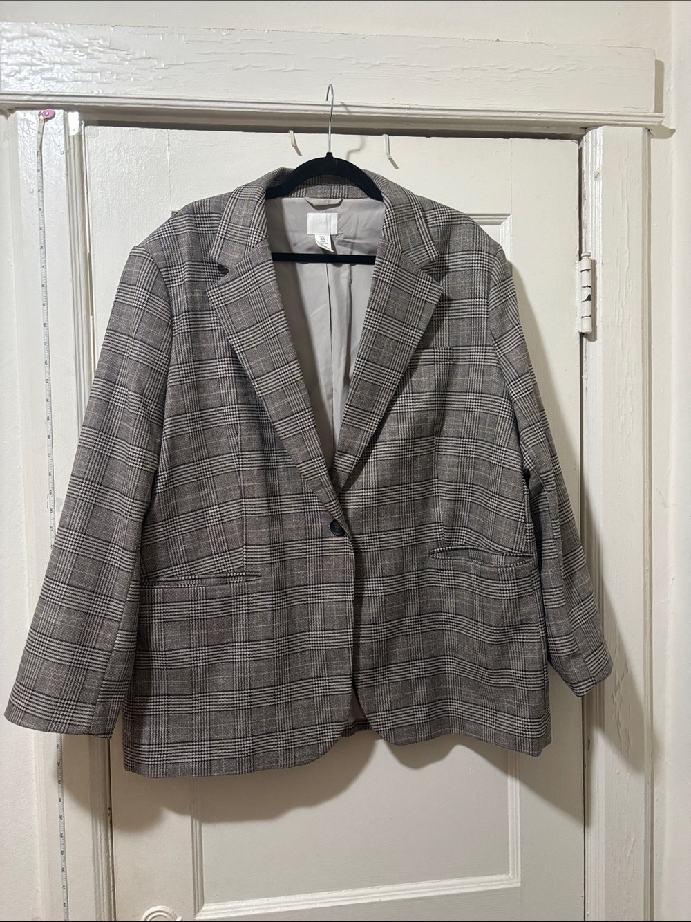Women's Gray Plaid Single-Button Oversized Blazer